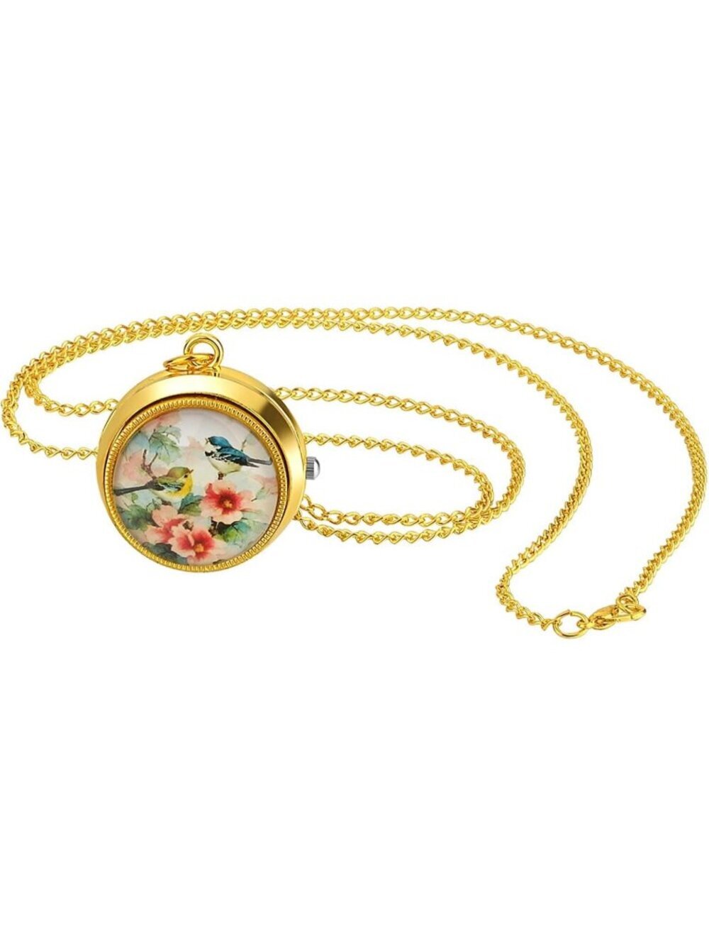 Women's Gold Quartz Flower Birds Vintage Pendant Necklace Chain Pocket Watch
